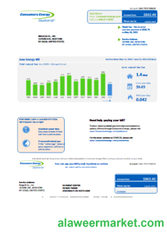 Michigan Consumers Energy  business utility bill, Word and PDF template SCR